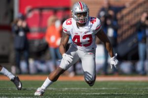 14 November 2015:  Ohio State Buckeyes linebacker Darron Lee (43) in action during a Big Ten football game between the Illinois Fighting Illini and the Ohio State Buckeyes at Memorial Stadium, in Champaign, IL.   (Photo by Robin Alam/Icon Sportswire)