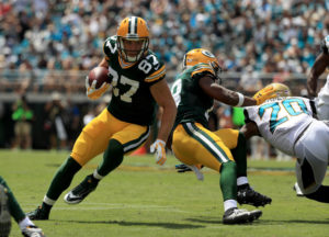 JACKSONVILLE, FL - SEPTEMBER 11:  Jordy Nelson #87 of the Green Bay Packers runs after catching a pass against the Jacksonville Jaguars in their game at EverBank Field on September 11, 2016 in Jacksonville, Florida.  (Photo by Mike Ehrmann/Getty Images)